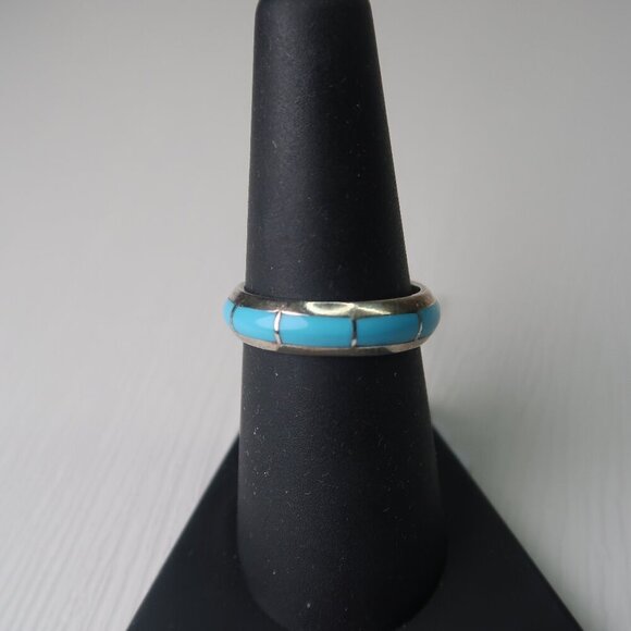Vintage Native American Zuni Turquoise Inlay Band in Sterling Silver - Size 7.5 - Picture 4 of 4